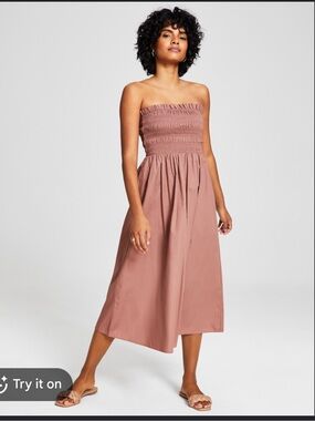 And Now This Summery Strapless Smocked Midi Dress in Dusty Rose